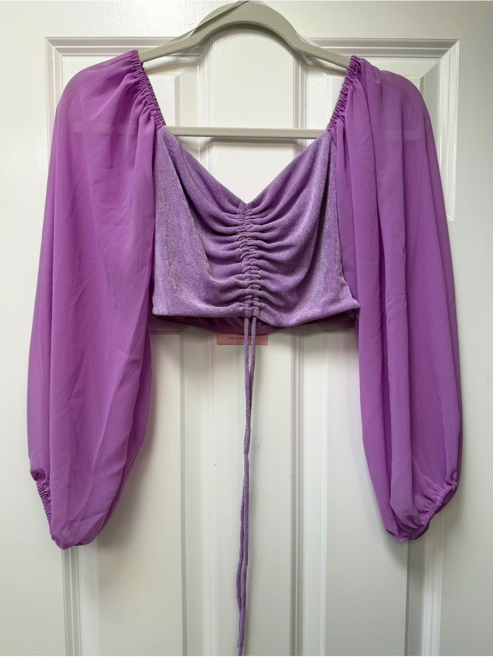 Hello Molly Lilac Ruched Drawstring Crop Top with Sheer Balloon Sleeves